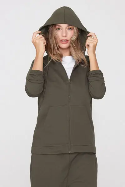 Felpa Leggera Cappuccio con Zip e Coulisse Donna Verde miniatura 3