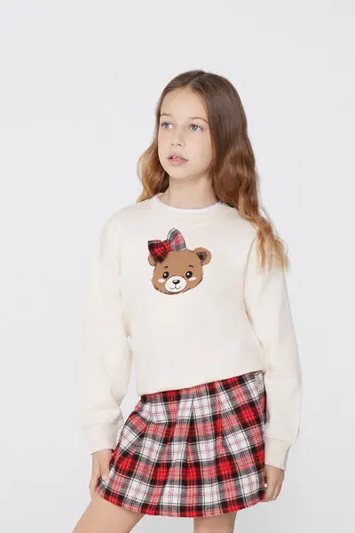 Felpa Manica Lunga Bimba Teddy con Patch Tartan Bambina Stampa miniatura 3