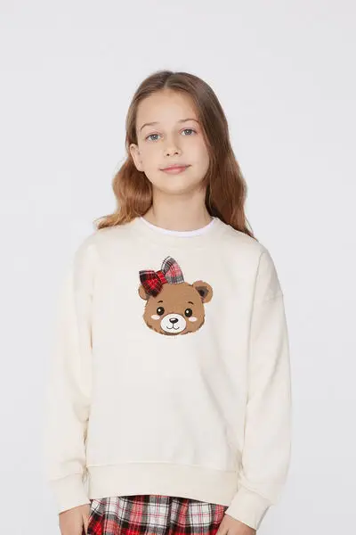 Felpa Manica Lunga Bimba Teddy con Patch Tartan Bambina Stampa