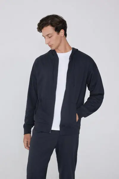 Felpa Manica Lunga con Zip e Cappuccio Uomo Blu miniatura 3