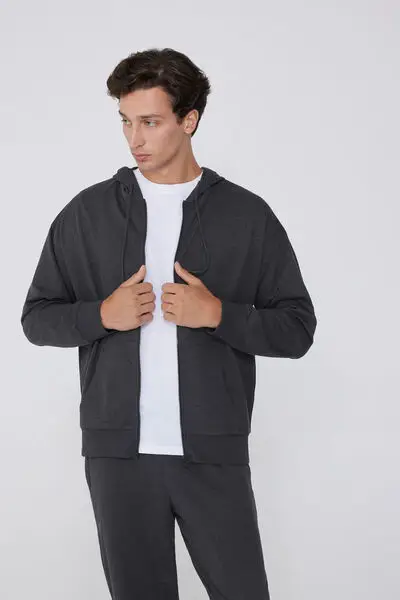 Felpa Manica Lunga con Zip e Cappuccio Uomo Grigio miniatura 3