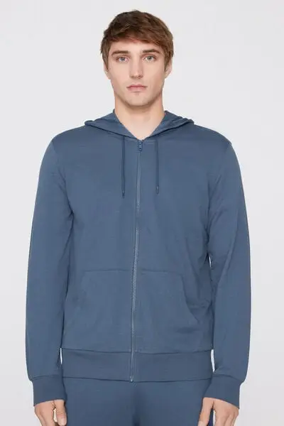 Felpa Manica Lunga Zip e Cappuccio Uomo Azzurro