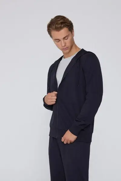 Felpa Manica Lunga Zip e Cappuccio Uomo Blu miniatura 3