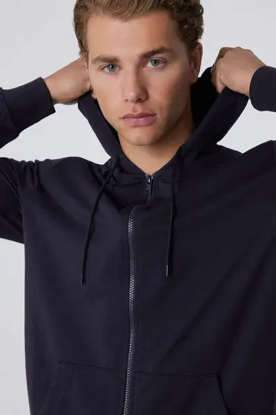 Felpa Manica Lunga Zip e Cappuccio Uomo Blu miniatura 3