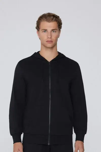 Felpa Manica Lunga Zip e Cappuccio Uomo Nero