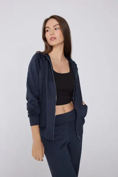 Felpa Pesante con Zip e Cappuccio Soft Touch Donna Blu miniatura 3