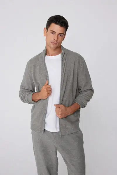 Felpa Rovesciata con Zip e Tasche Uomo Grigio miniatura 3