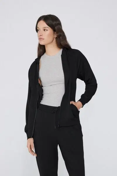 Felpa Viscosa Soft Touch con Zip e Cappuccio Donna Nero