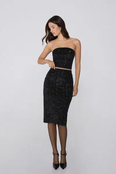 Gonna Midi con Paillettes Donna Nero miniatura 3