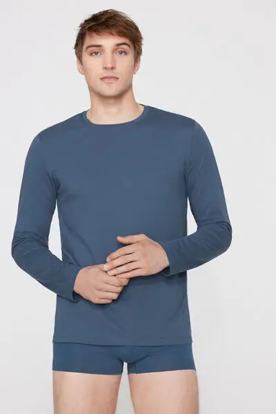 Maglia 100% Cotone Girocollo Manica Lunga Uomo Azzurro miniatura 3