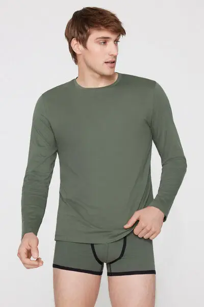 Maglia 100% Cotone Girocollo Manica Lunga Uomo Verde miniatura 3