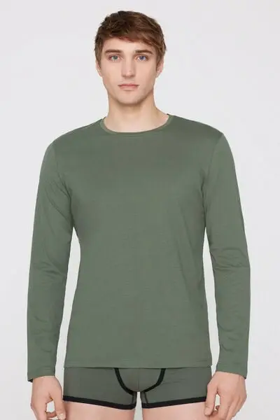 Maglia 100% Cotone Girocollo Manica Lunga Uomo Verde