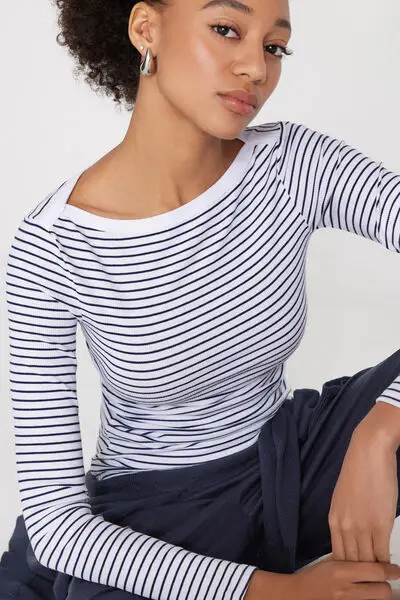 Maglia Barchetta Cotone Costine Righe Donna Blu miniatura 3