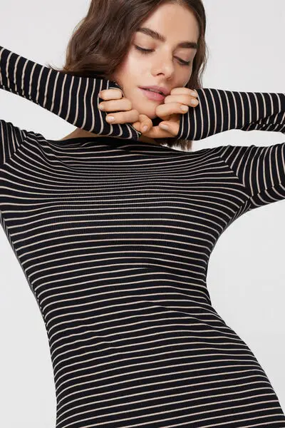 Maglia Barchetta Cotone Costine Righe Donna Nero miniatura 3