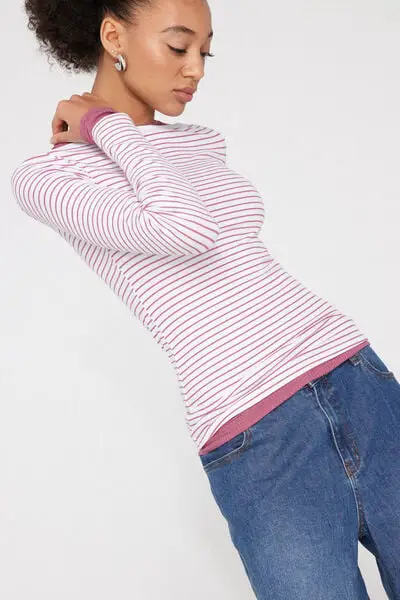 Maglia Barchetta Cotone Costine Righe Donna Rosso miniatura 3