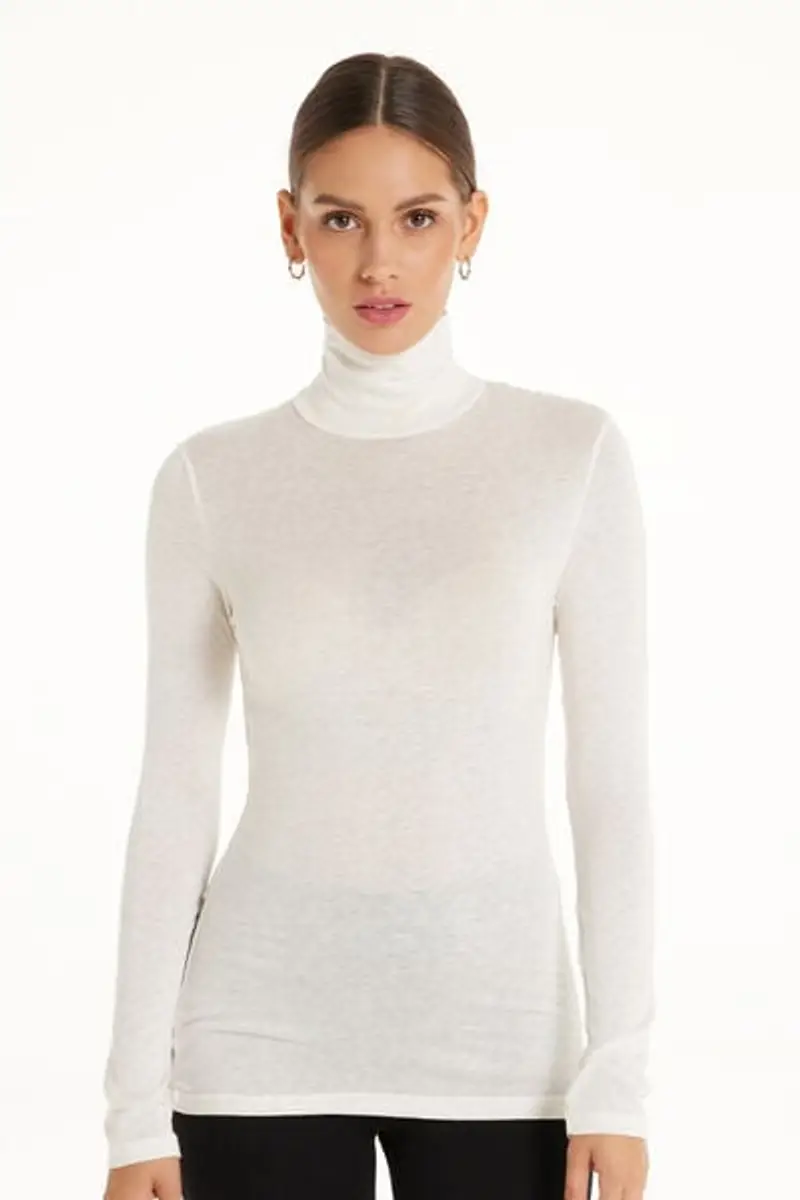 Tezenis Maglia Collo Alto in Viscosa e Lana Merino Donna Bianco Taglia L