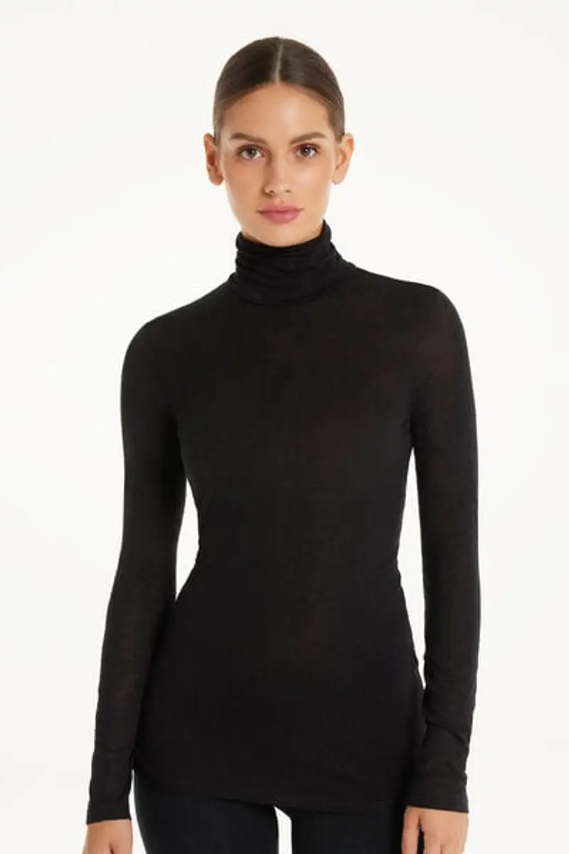 Tezenis Maglia Collo Alto in Viscosa e Lana Merino Donna Nero Taglia M