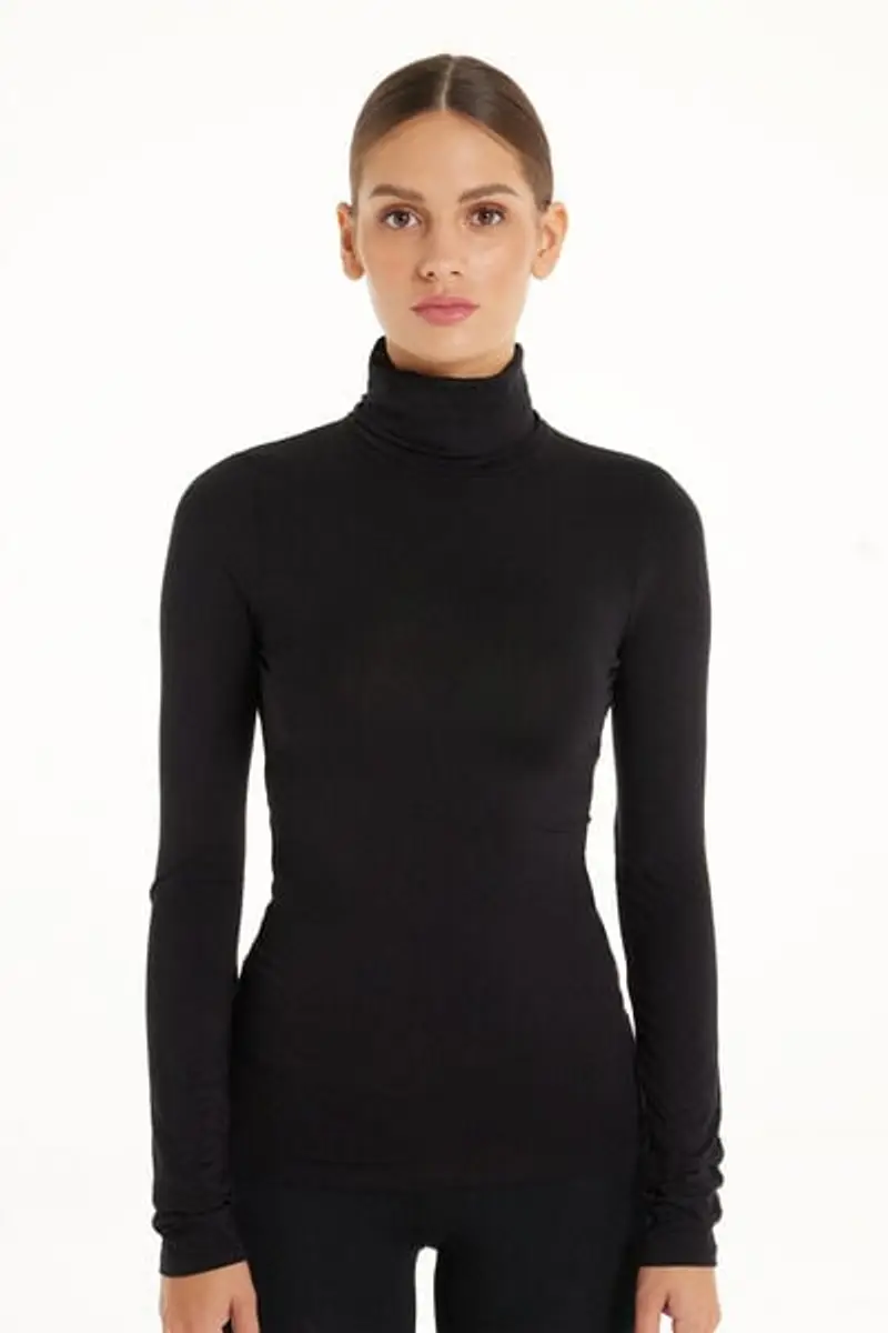 Tezenis Maglia Collo Alto Maniche Lunghe in Viscosa Donna Nero Taglia L