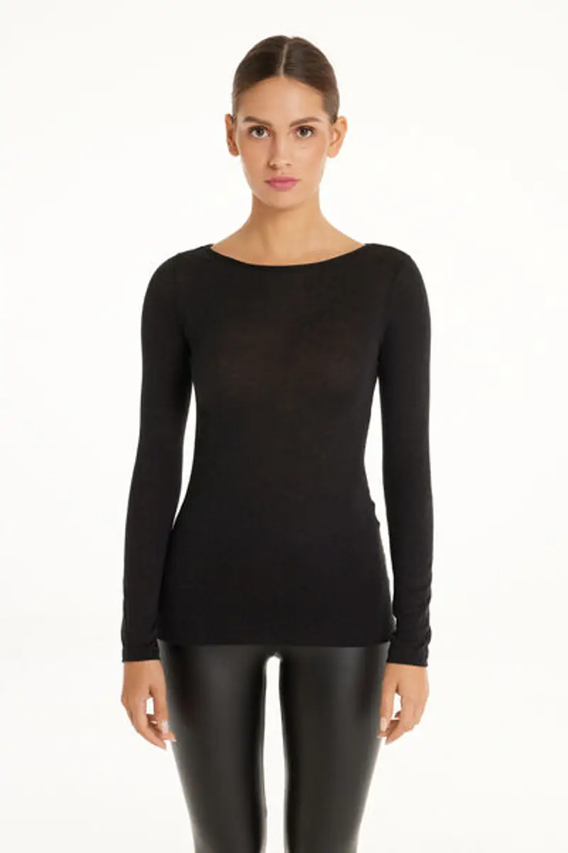 Tezenis Maglia con Scollo a Barchetta in Viscosa e Lana Merino Donna Nero Taglia L miniatura 3