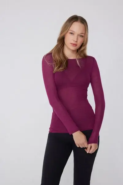 Maglia con Scollo a Barchetta in Viscosa e Lana Merino Donna Rosso miniatura 3
