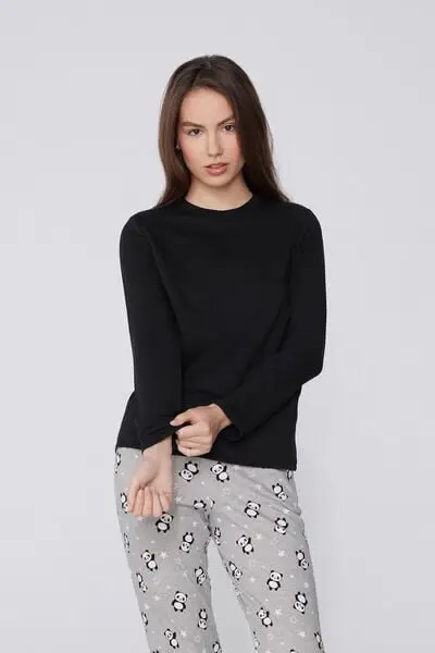 Maglia Felpata Manica Lunga Girocollo Viscosa Donna Nero miniatura 3