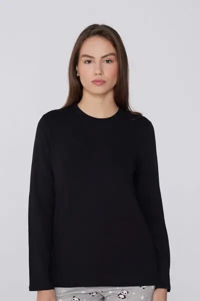 Maglia Felpata Manica Lunga Girocollo Viscosa Donna Nero