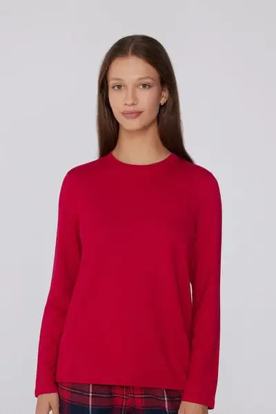 Maglia Felpata Manica Lunga Girocollo Viscosa Donna Rosso