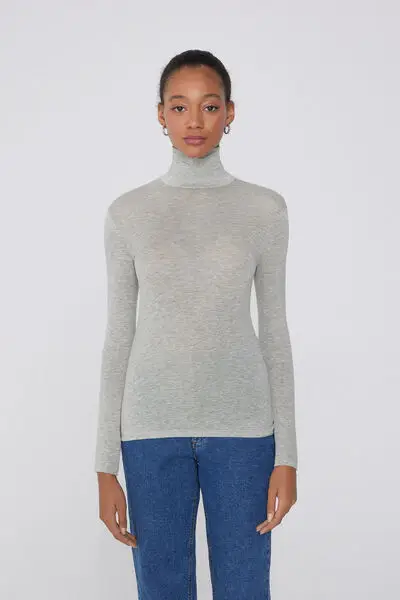 Maglia Leggerissima Collo Alto con Lana Merino Donna Grigio miniatura 3