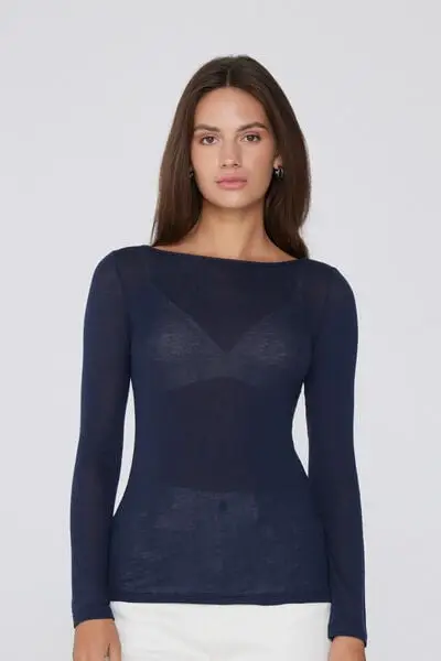 Maglia Leggerissima Scollo Barchetta Viscosa e Lana Merino Donna Blu