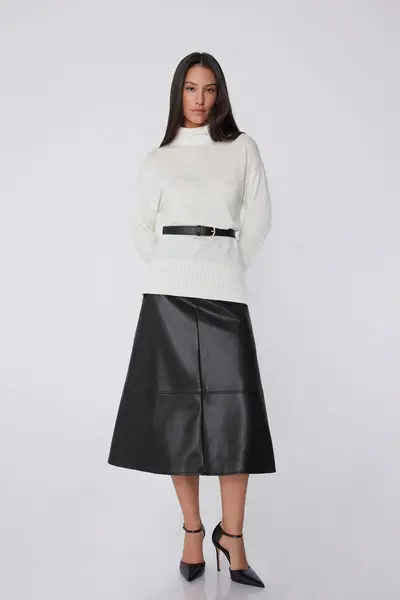 Maglia Lunga Pesante Collo Alto con Lana Donna Bianco miniatura 3