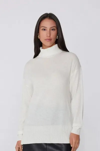 Maglia Lunga Pesante Collo Alto con Lana Donna Bianco
