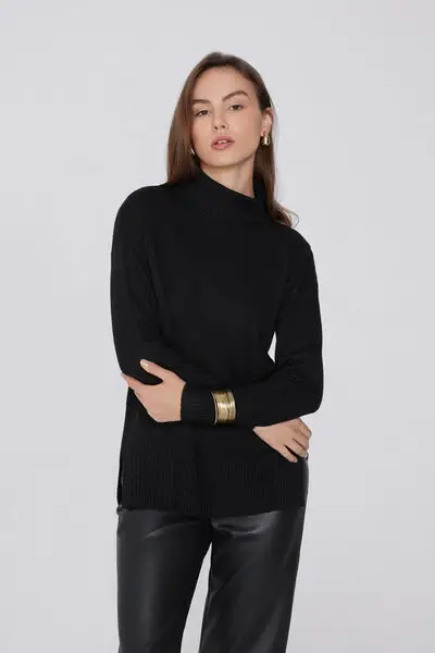 Maglia Lunga Pesante Collo Alto con Lana Donna Nero miniatura 3