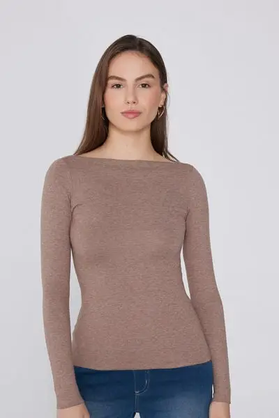 Tezenis Maglia Donna Manica Lunga Scollo Barchetta Marrone