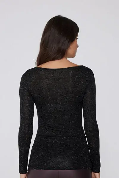 Maglia Manica Lunga Barchetta Lana Merino Lamè e Viscosa Donna Nero miniatura 2