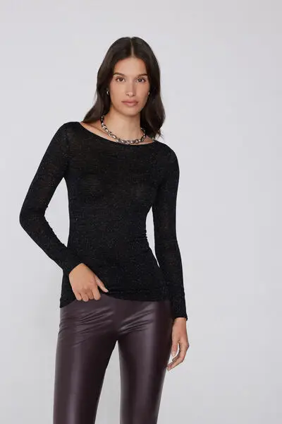 Maglia Manica Lunga Barchetta Lana Merino Lamè e Viscosa Donna Nero miniatura 3