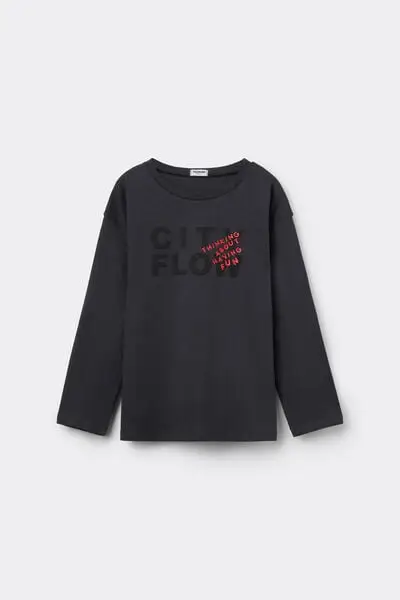 Maglia Manica Lunga Cotone con Stampa Bambino Nero