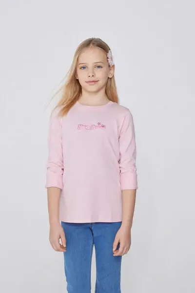 Maglia Manica Lunga Cotone con Stampa Bimba Bambina Rosa miniatura 3