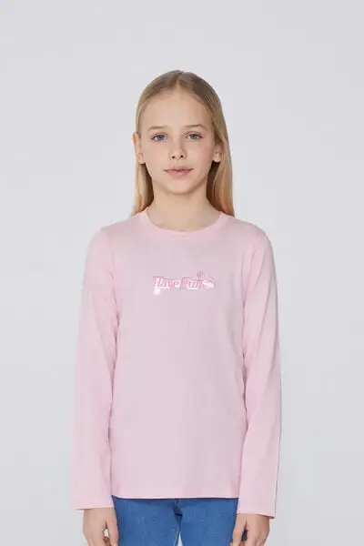 Maglia Manica Lunga Cotone con Stampa Bimba Bambina Rosa