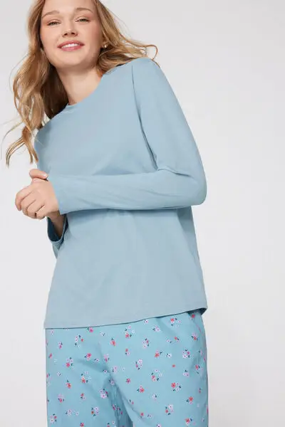 Maglia Manica Lunga Girocollo Cotone e Modal Donna Blu miniatura 3