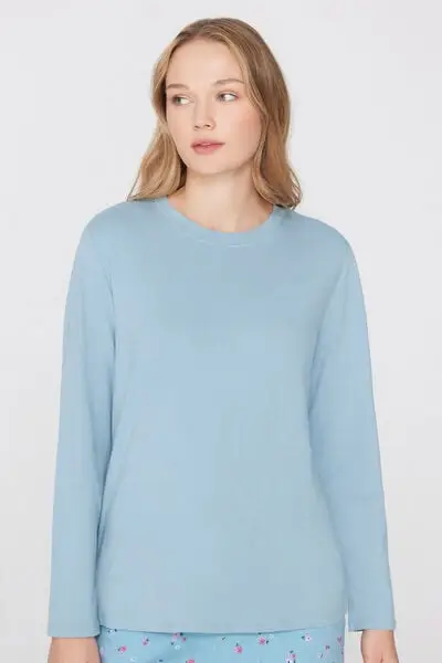 Maglia Manica Lunga Girocollo Cotone e Modal Donna Blu