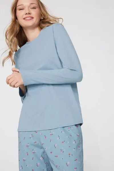 Maglia Manica Lunga Girocollo Cotone e Modal Donna Blu