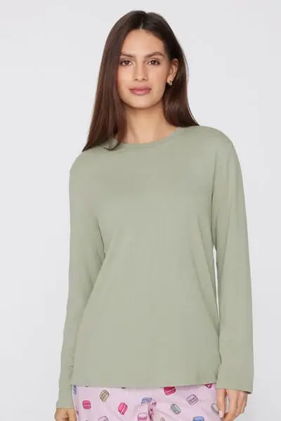 Maglia Manica Lunga Girocollo Cotone e Modal Donna Verde