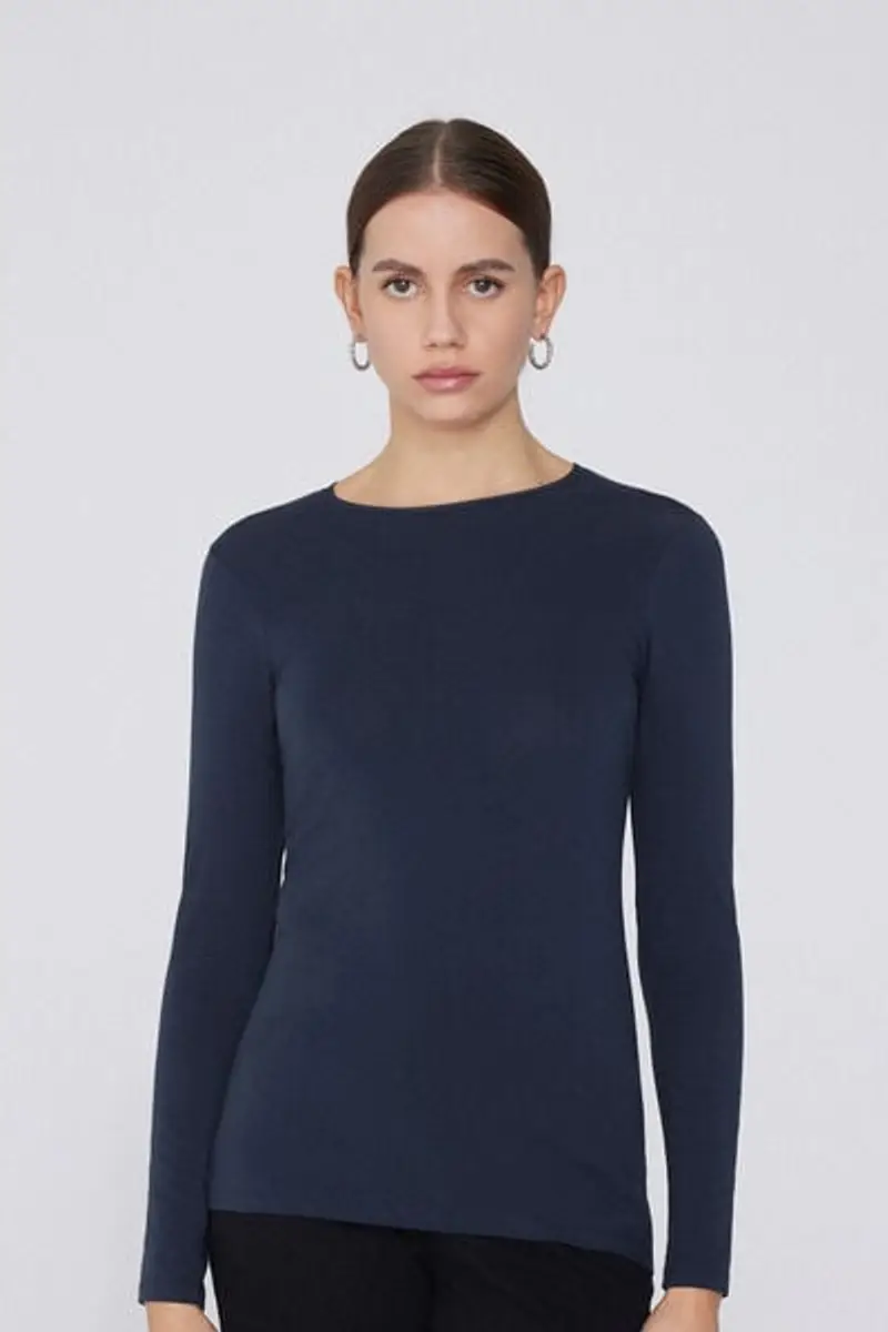 Tezenis Maglia Manica Lunga Girocollo Cotone Organico Elasticizzato Donna Blu Taglia L