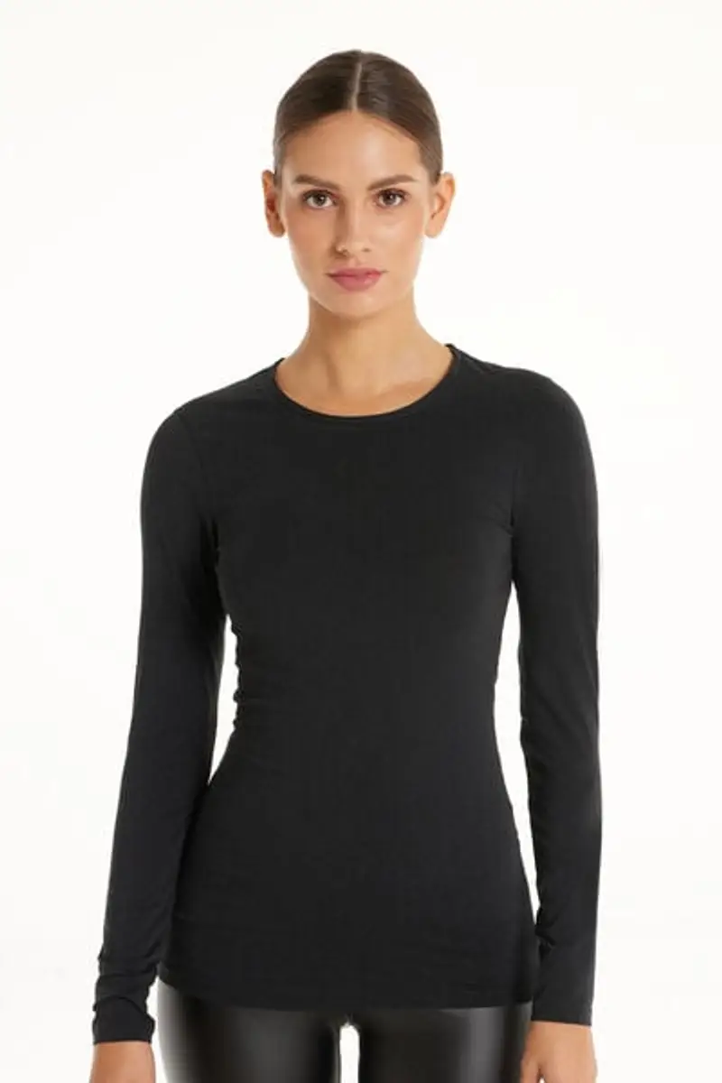 Tezenis Maglia Manica Lunga Girocollo Cotone Organico Elasticizzato Donna Nero Taglia L