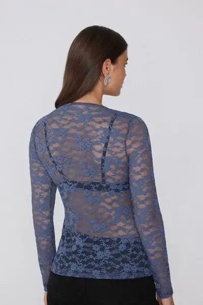 Maglia Manica Lunga Girocollo in Pizzo Donna Blu miniatura 2