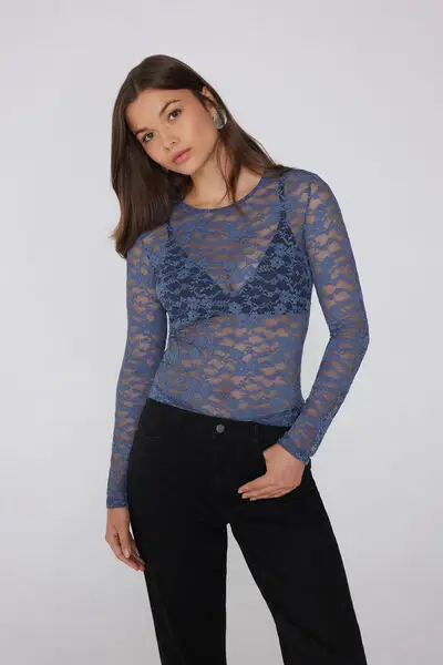 Maglia Manica Lunga Girocollo in Pizzo Donna Blu miniatura 3