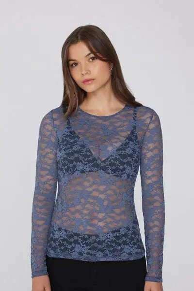 Maglia Manica Lunga Girocollo in Pizzo Donna Blu