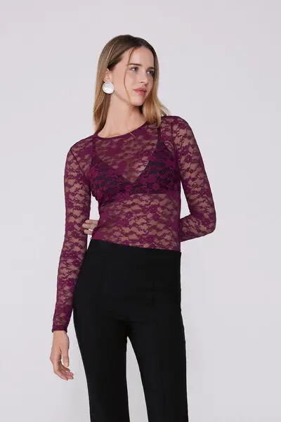 Maglia Manica Lunga Girocollo in Pizzo Donna Rosso miniatura 3