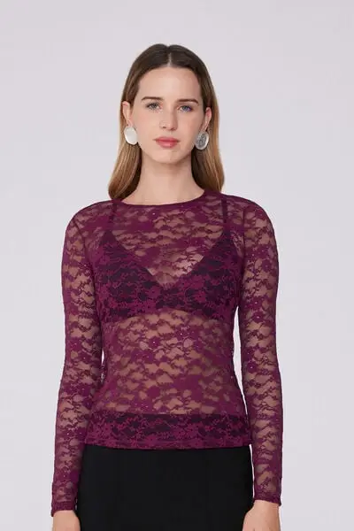 Maglia Manica Lunga Girocollo in Pizzo Donna Rosso