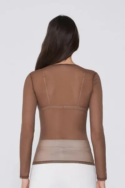 Maglia Manica Lunga Girocollo in Tulle Donna Marrone miniatura 2